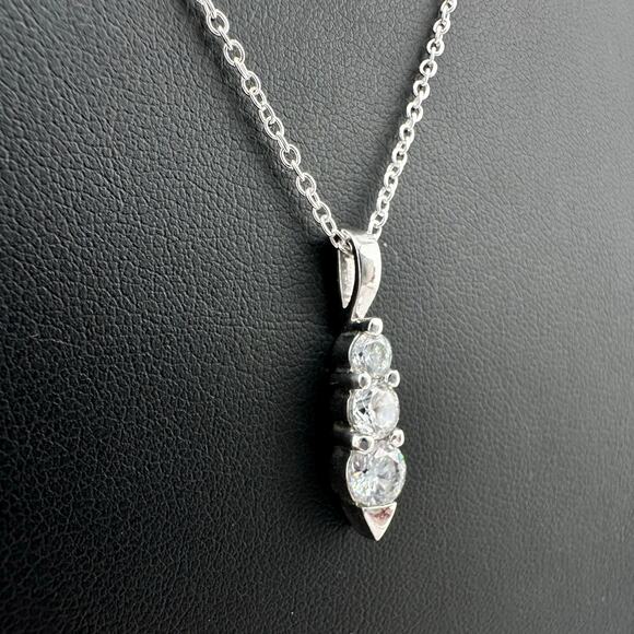 Cubic Zirconia Triple Gem Prong Set Modern Minimalist Silver Tone 18" Necklace - Picture 7 of 8